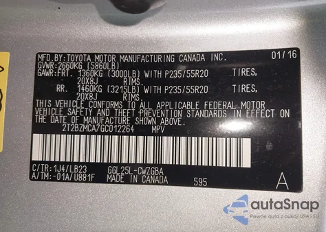 2016 Lexus Rx 350 z USA, uszkodzony, nr VIN 2T2BZMCA7GC012264